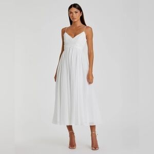 NWT Mac Duggal S White Faux Wrap Sleeveless Flowy Midi Dress